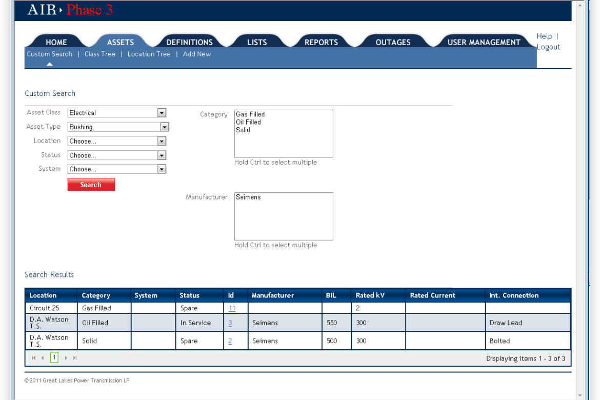 Great Lakes Power: Online Asset Management System